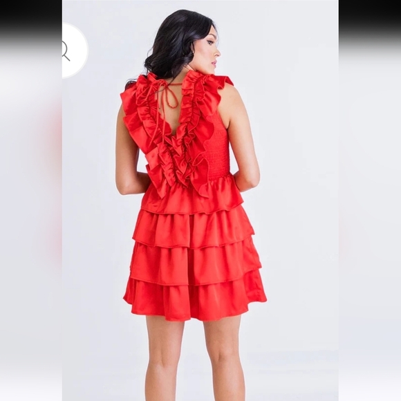 KARLIE Satin Ruffle Smock Dress in Red. Size M NWOT - Picture 13 of 14